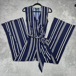 Lauren Ralph Lauren Navy Stripes Wide-Leg Jumpsuit Y2K Chic Stretch Nautical PM